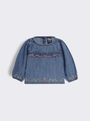 Toddler Girls Floral Embroidered Denim Top