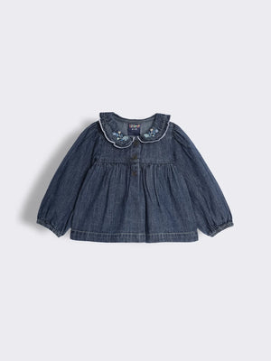 Toddler Girls Floral Embroidered Denim Top