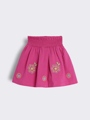 Toddler Girls Soft Knit Skirt with Attached Shorts Smocked Waistband and Floral Embroidery Detail