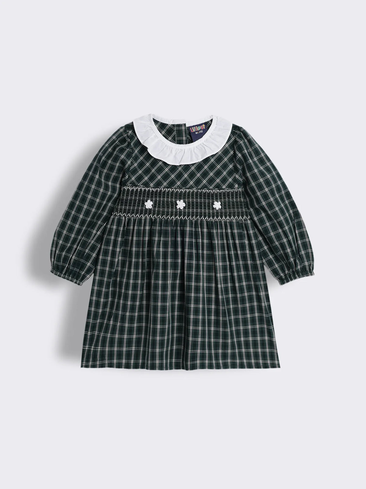 Toddler Girls Checked Dress with Smocking and Floral Hand Embroidery