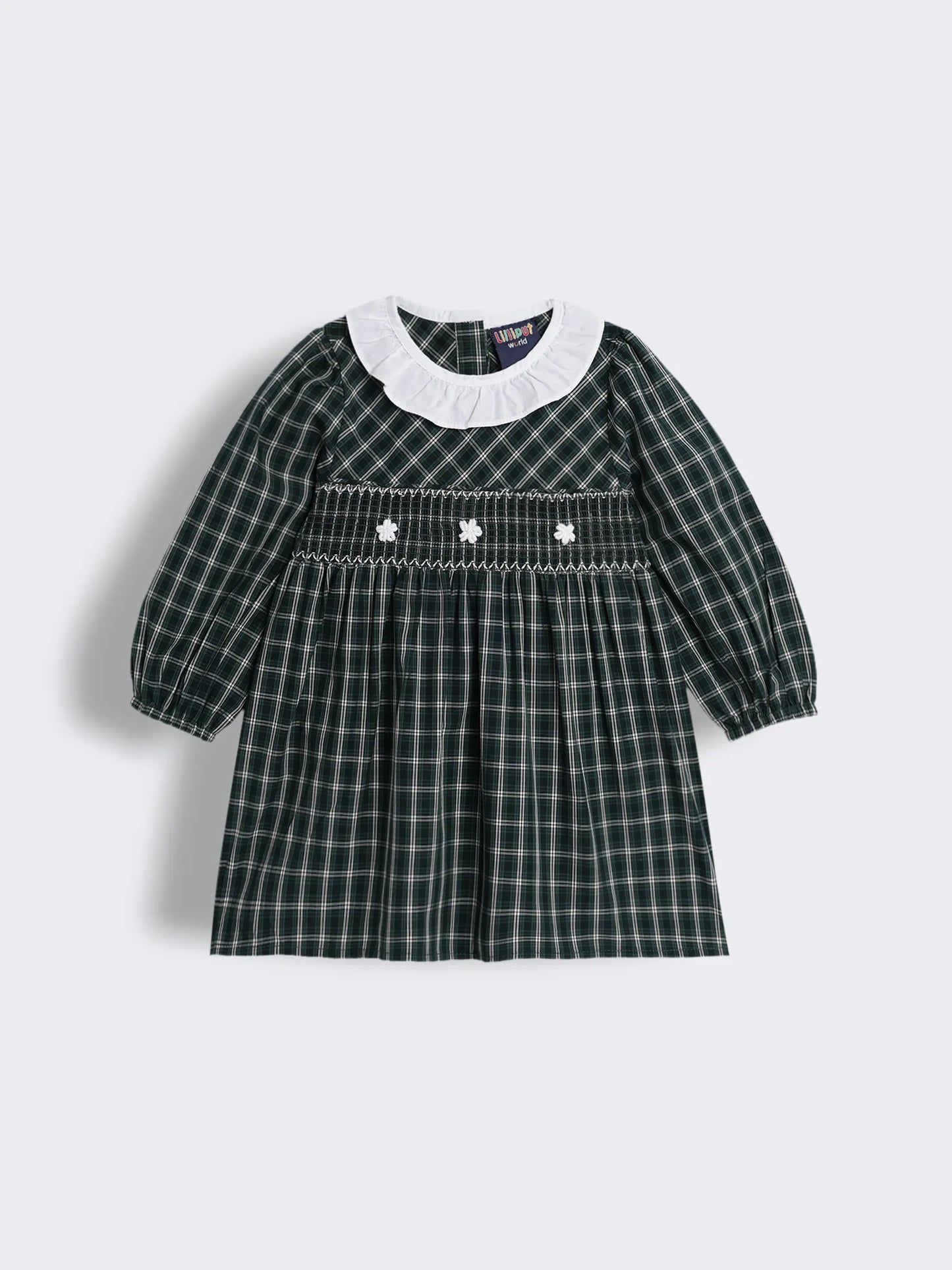 Toddler Girls Checked Dress with Smocking and Floral Hand Embroidery