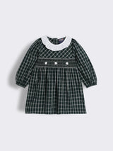 Toddler Girls Checked Dress with Smocking and Floral Hand Embroidery