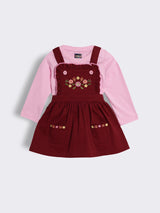 Baby Girls Floral Embroidered Dungaree Dress with Full Sleeve T-Shirt 2-Piece Outfit Set
