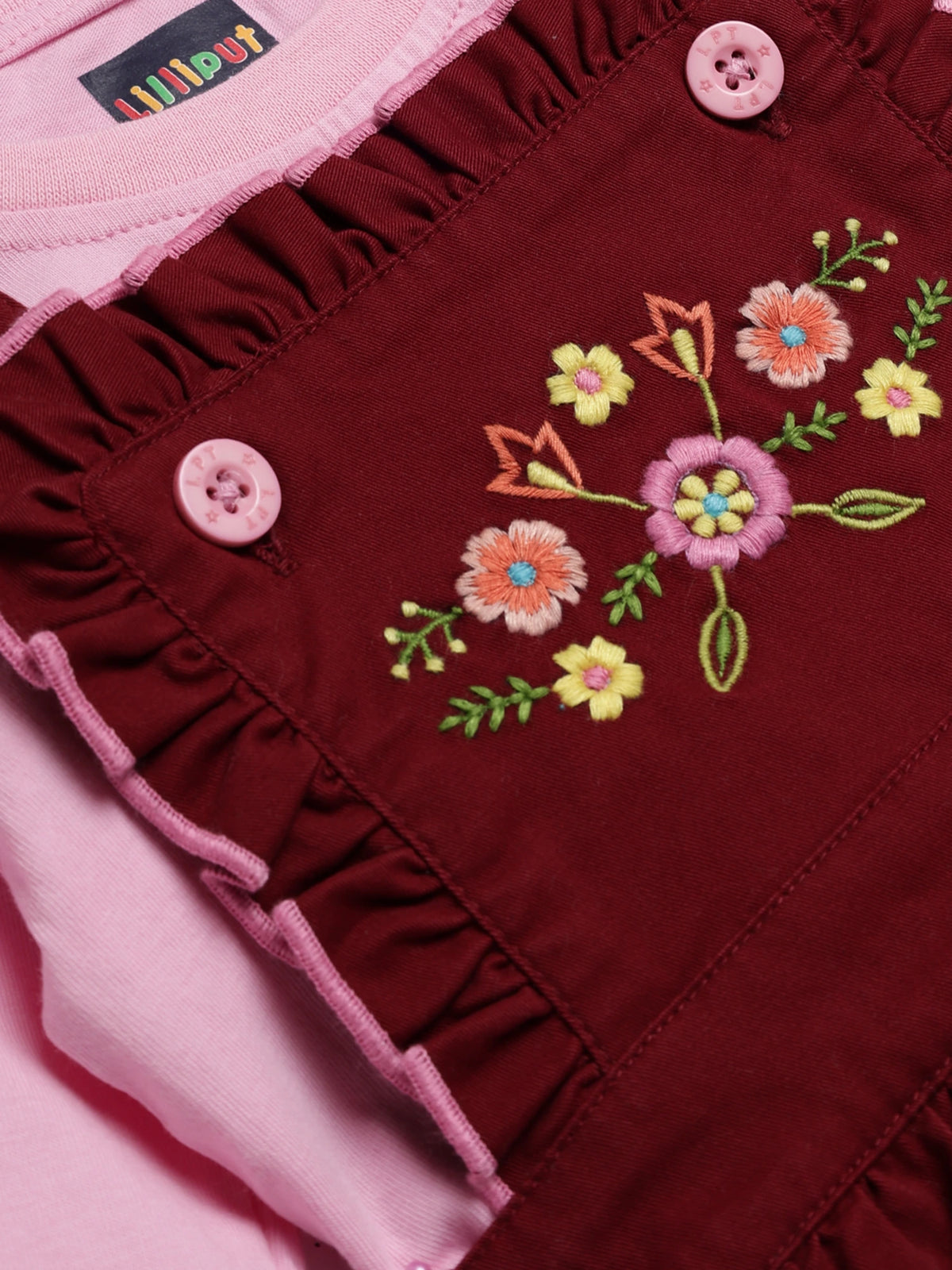 Baby Girls Floral Embroidered Dungaree Dress with Full Sleeve T-Shirt 2-Piece Outfit Set