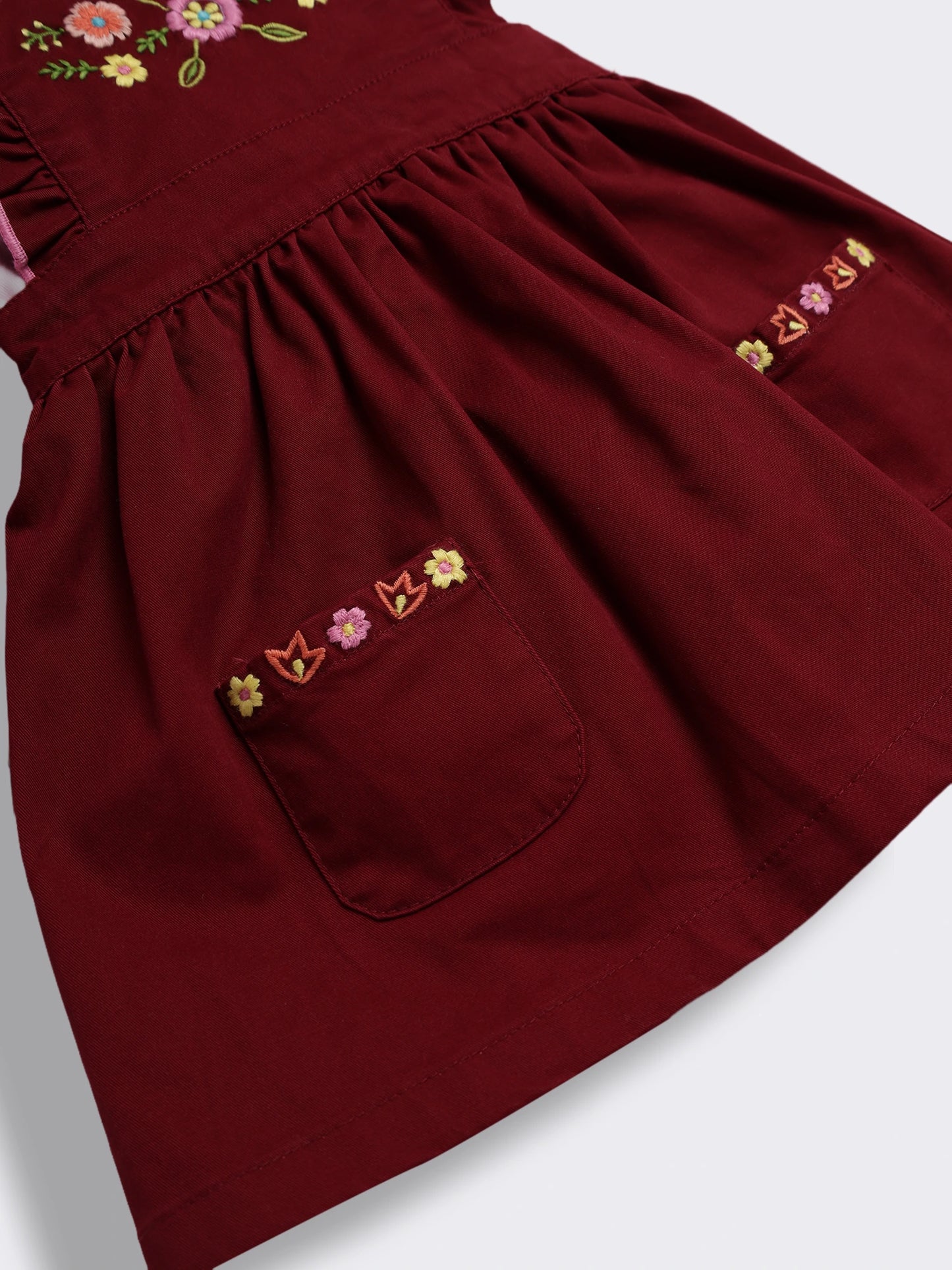 Baby Girls Floral Embroidered Dungaree Dress with Full Sleeve T-Shirt 2-Piece Outfit Set
