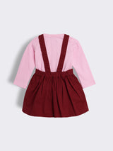 Baby Girls Floral Embroidered Dungaree Dress with Full Sleeve T-Shirt 2-Piece Outfit Set