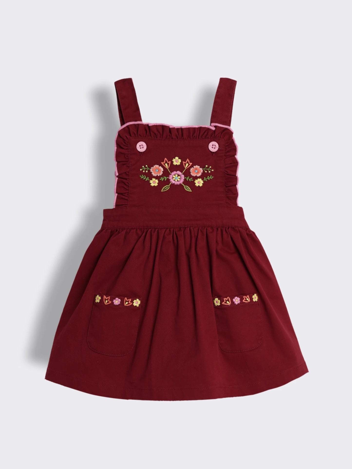 Baby Girls Floral Embroidered Dungaree Dress with Full Sleeve T-Shirt 2-Piece Outfit Set