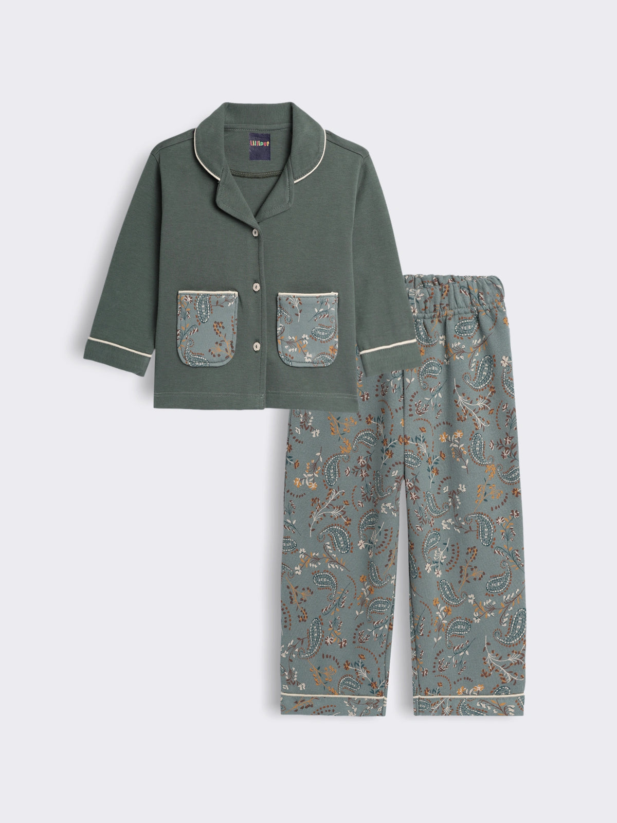 Girls Cotton Fleece Full Sleeve Nightwear Set with Solid Shirt, Printed Pockets and Paisley Printed Pyjama