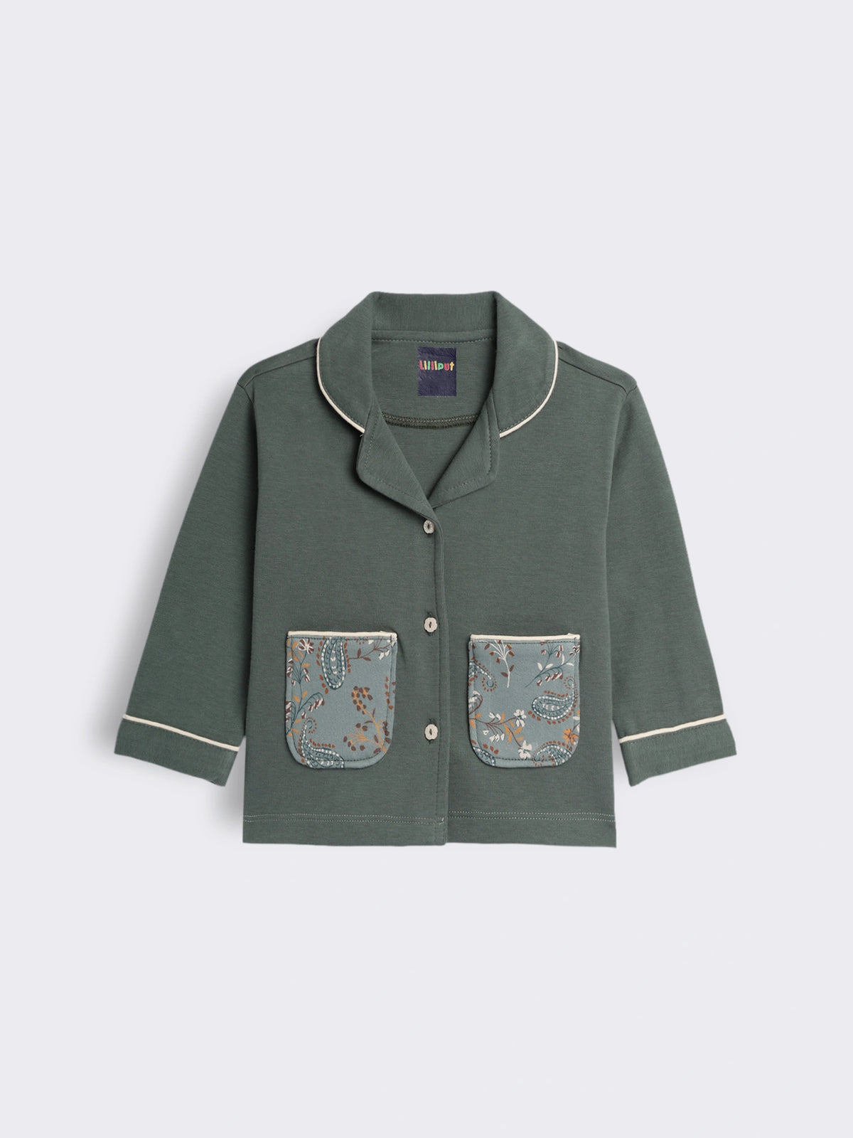 Girls Cotton Fleece Full Sleeve Nightwear Set with Solid Shirt, Printed Pockets and Paisley Printed Pyjama