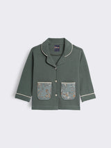 Girls Cotton Fleece Full Sleeve Nightwear Set with Solid Shirt, Printed Pockets and Paisley Printed Pyjama