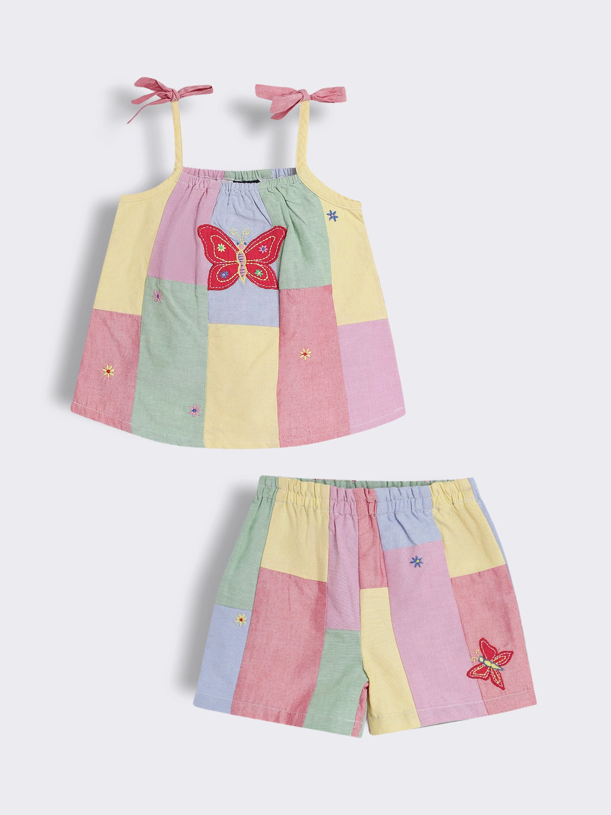 Toddler Girls Cotton Patchwork Top and Shorts with Embroidery