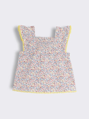 Toddler Girls Sleeveless Floral Print Smocked Top with Ruffle Trim