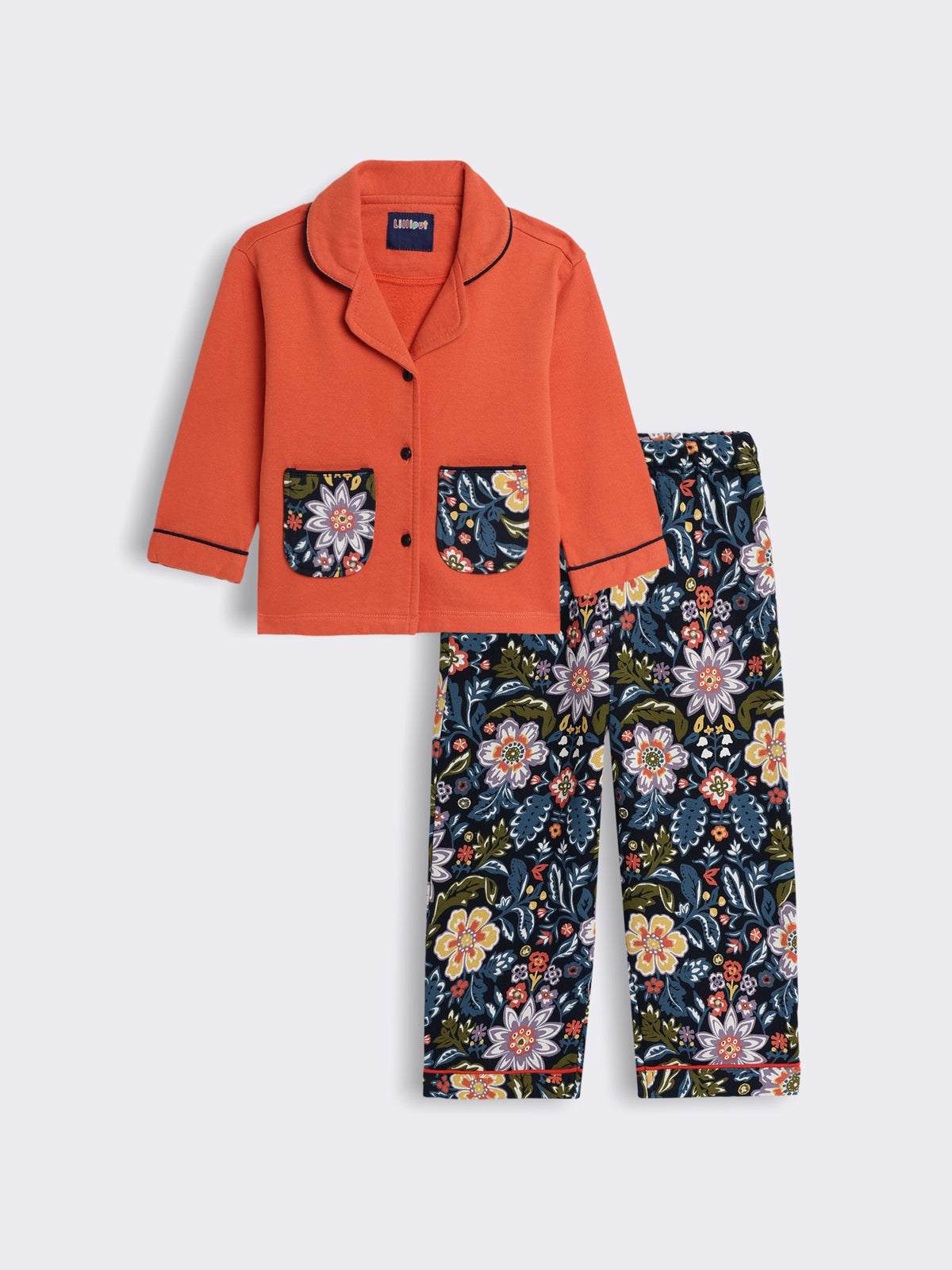 Girls Cotton Fleece Full Sleeve Nightwear Set with Solid Shirt, Printed Pockets and Paisley Printed Pyjama