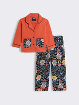 Girls Cotton Fleece Full Sleeve Nightwear Set with Solid Shirt, Printed Pockets and Paisley Printed Pyjama