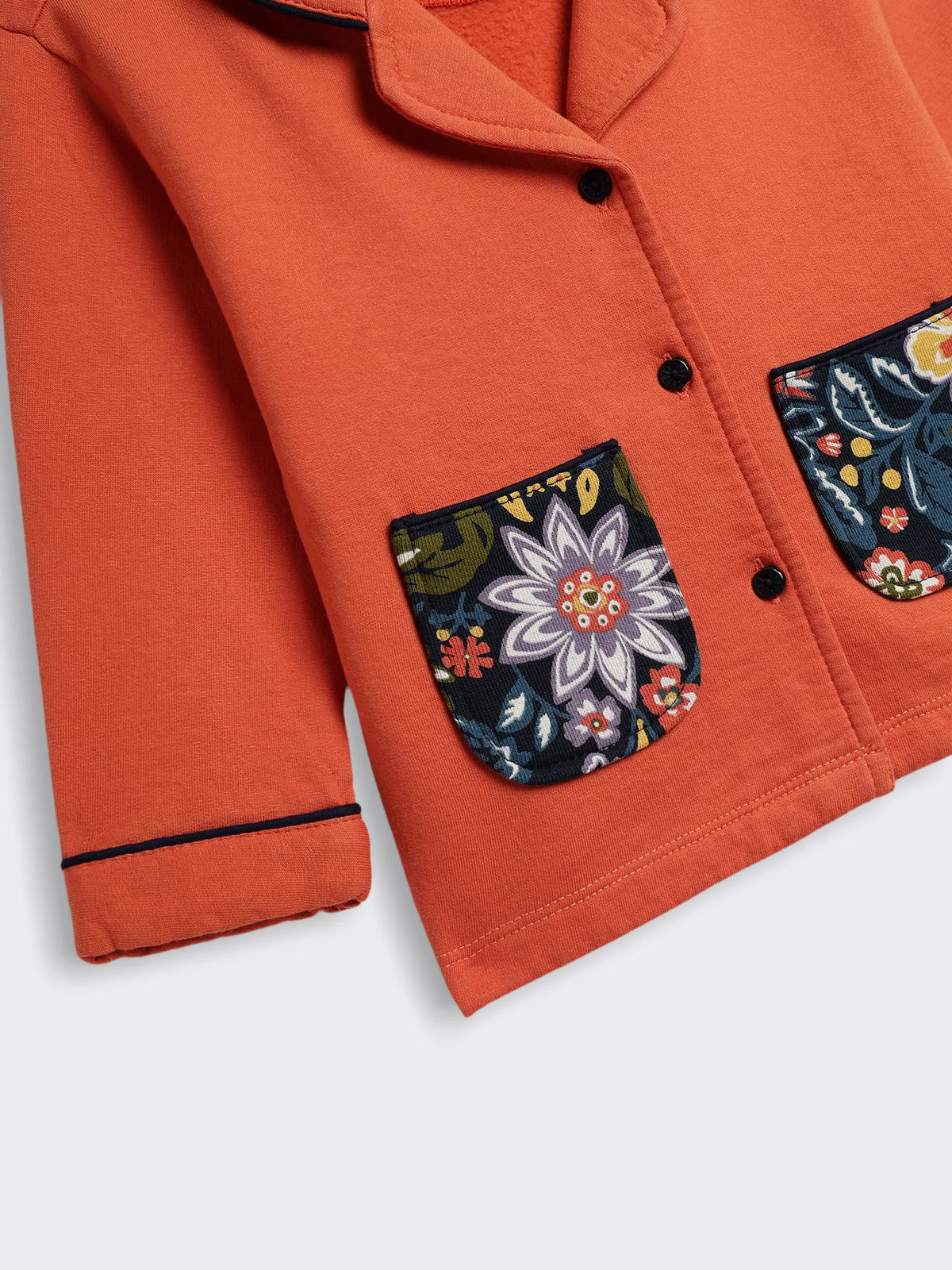 Girls Cotton Fleece Full Sleeve Nightwear Set with Solid Shirt, Printed Pockets and Paisley Printed Pyjama