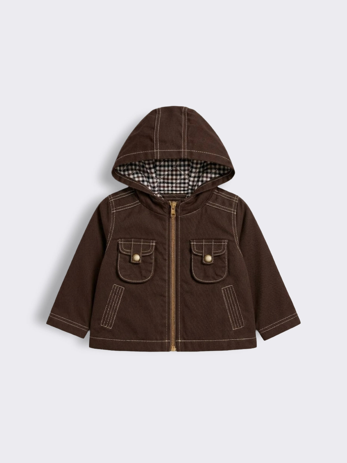 Baby Boys Hooded Twill Jacket with Quilted Check Lining and Utility Pockets