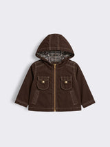 Baby Boys Hooded Twill Jacket with Quilted Check Lining and Utility Pockets